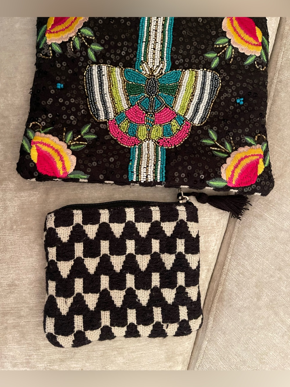 NWT America and Beyond Embroidered Black Floral Tote Bag with Accent Pom Trim - Picture 8 of 15